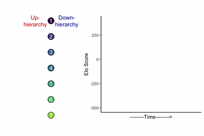 Animation of a juvenile hyena cohort over development: an aggression network on the left and a rank order on the right, both converging on the hierarchy predicted by maternal rank